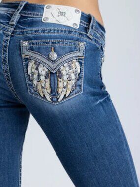 Miss Me Signature Boot Jeans Womens 27 Blue  Angel Wing Pocket Size 30